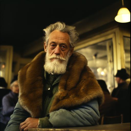 photograph of a older aged nordic men wearing a thick, worn-out coat with a used and worn-out scarf., in a visible internal struggle for the meaning of life, his eyes fixed on the infinite. the Paris café is a dimly lit, smoky space filled with patrons engrossed in their own conversations and activities. kodak film