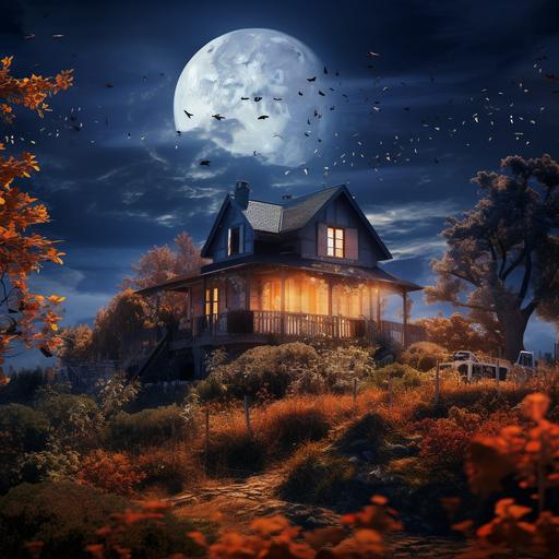 photograph of a small beautiful country house with broken windows, on a very high hill, with bats and crows, with broken glass windows, made of wood on a hill with glowing lights, a beautiful garden with rose bushes of all colors, and orange trees, peach and plum trees, golden and blue light hour, there is a huge full moon in the sky, dramatic and dark atmosphere, photorealistic, photography by Rebeca Saray, Eugenio Recuenco, Caravaggio, Rubens, very detailed, photography, camera grain, cinematic, character.
