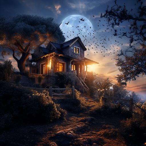 photograph of a small beautiful country house with broken windows, on a very high hill, with bats and crows, with broken glass windows, made of wood on a hill with glowing lights, a beautiful garden with rose bushes of all colors, and orange trees, peach and plum trees, golden and blue light hour, there is a huge full moon in the sky, dramatic and dark atmosphere, photorealistic, photography by Rebeca Saray, Eugenio Recuenco, Caravaggio, Rubens, very detailed, photography, camera grain, cinematic, character.