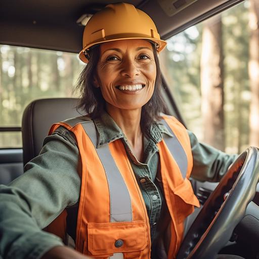 photograph of a talking laughing hispanic female forester 55 years old driving a pickup truck through a douglas fir forest . looking at camera. wearing hard hat and orange vest. sunny day. photo realistic. cinematic. Style of ken burns. User generated content --v 5.1 --s 750