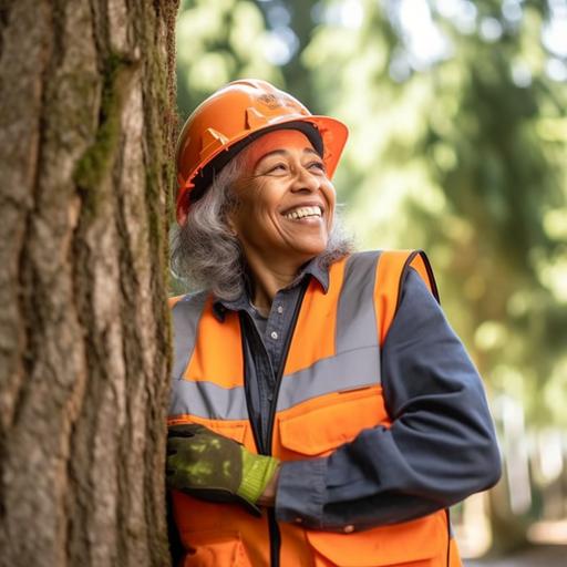 photograph of a talking laughing hispanic female forester 55 years old hugging a douglas fir tree. wearing hard hat and orange vest. sunny day. photo realistic. cinematic. Style of ken burns. User generated content --v 5.1 --s 750