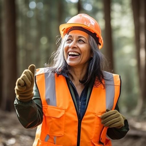photograph of a talking laughing hispanic female forester 55 years old touching a douglas fir forest. wearing hard hat and orange vest. sunny day. photo realistic. cinematic. Style of ken burns. User generated content --v 5.1 --s 750