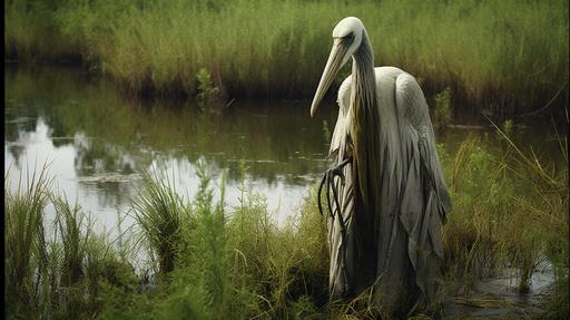 photograph of a thin 20 foot tall humanoid creature with a long white flowing swampy robe and a long green beak bird stork mask, long green beak, long flowing plumage, sitting on a swampy landscape, on a vegetation-covered a dirt mound, grainy webcam footage, low budget special effects, practical effects, arctic, cryptozoology --ar 16:9 --v 5.2