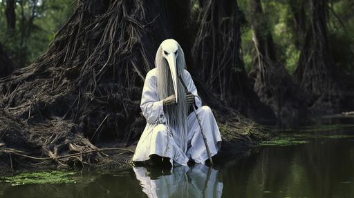 photograph of a thin 20 foot tall humanoid creature with a long white flowing swampy robe and a long green beak bird stork mask, long green beak, long flowing plumage, sitting on a swampy landscape, on a vegetation-covered a dirt mound, grainy webcam footage, low budget special effects, practical effects, arctic, cryptozoology --ar 16:9 --v 5.2