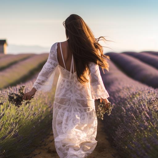 photograph of a woman with straight dark braown/black hair her back to the camera, walking along the lavendar fields in france. whe is wearing a white dress with peas on it by dolce and gabbana