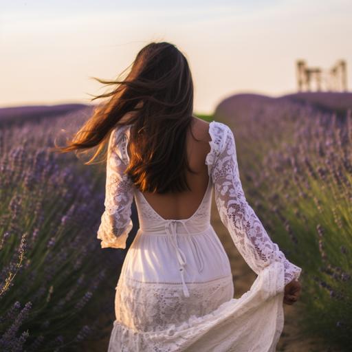 photograph of a woman with straight dark braown/black hair her back to the camera, walking along the lavendar fields in france. whe is wearing a white dress with peas on it by dolce and gabbana