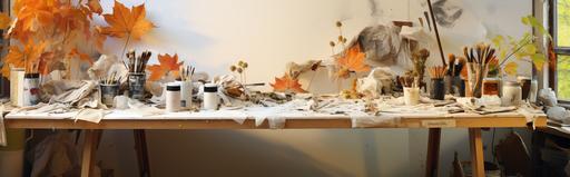 photograph of an art studio mixed media craft table. include paint, paper, sticks, leaves, canvas drop cloth --ar 16:5