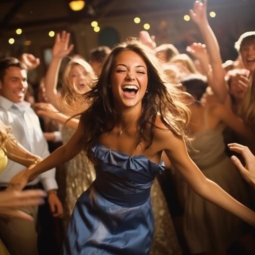 photograph of attractive woman, long dark hair, attending bachelorette party,crowd,dancing,carefree