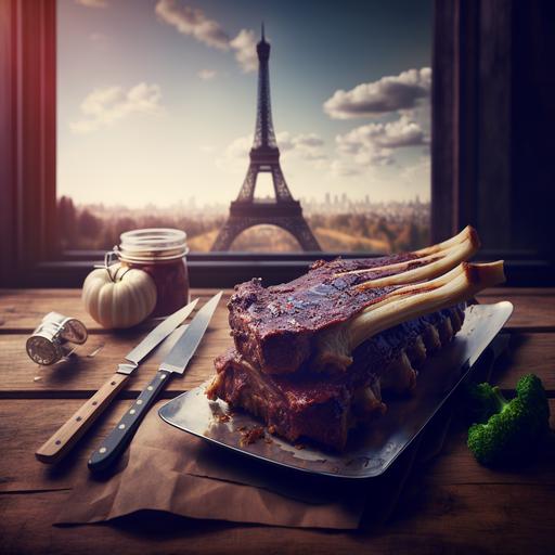 photograph of bbq ribs on top of a wood table with salad and dies on the side with a vintage knife and Eiffel tower in the background