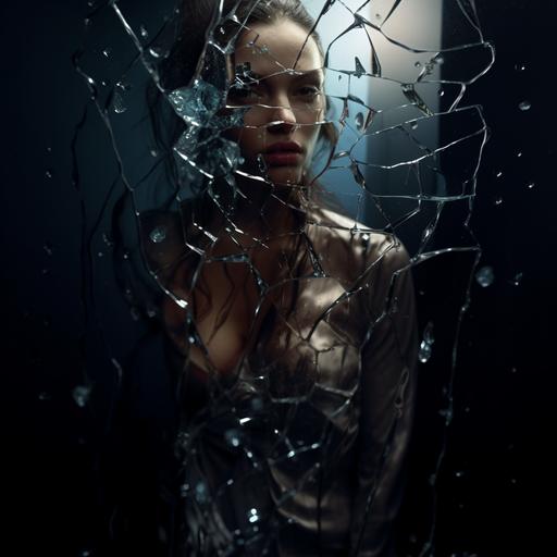 photograph of broken mirror character, glass with water drops, it rained, glass with water drops, zenithal and tracer light, the style of Ann Leibovitz, c 22