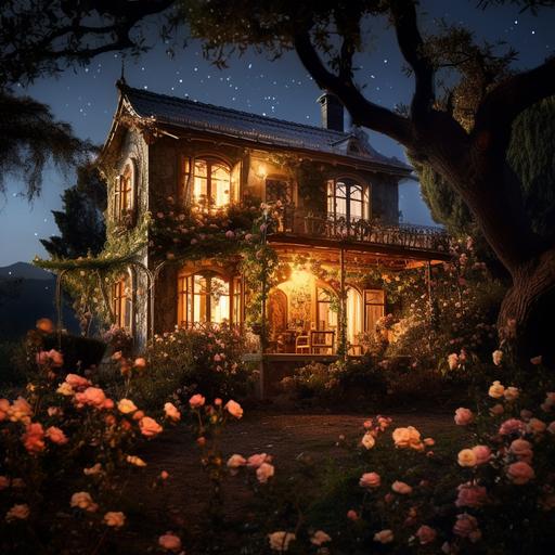 photograph of character a beautiful country house, with broken glass windows, made of wood on a hill with glowing lights, a beautiful garden with rose bushes of all colors, and orange, peach and plum trees, golden and blue light hour, there is a huge full moon in the sky, dramatic and dark atmosphere, photorealistic, photography by Rebeca Saray, Eugenio Recuenco, Caravaggio, Rubens, very detailed, photography, camera grain, cinematic,