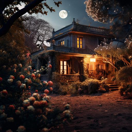 photograph of character a beautiful country house, with broken glass windows, made of wood on a hill with glowing lights, a beautiful garden with rose bushes of all colors, and orange, peach and plum trees, golden and blue light hour, there is a huge full moon in the sky, dramatic and dark atmosphere, photorealistic, photography by Rebeca Saray, Eugenio Recuenco, Caravaggio, Rubens, very detailed, photography, camera grain, cinematic,