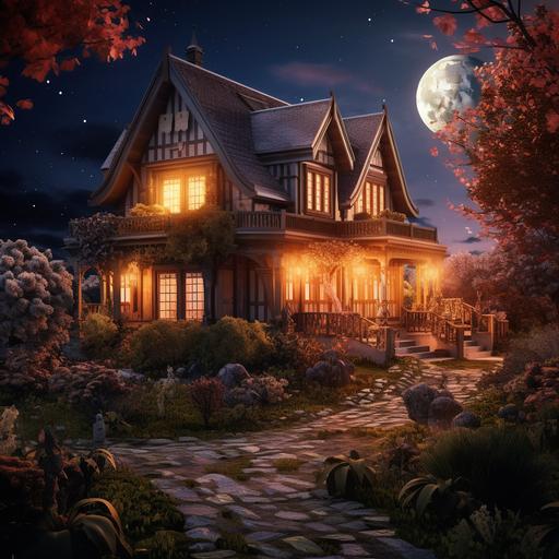 photograph of character of a beautiful country house on a very high hill, with broken glass windows, made of wood on a hill with glowing lights, a beautiful garden with rose bushes of all colors, and orange, peach and plum trees, golden and blue light hour, there is a huge full moon in the sky, dramatic and dark atmosphere, photorealistic, photography by Rebeca Saray, Eugenio Recuenco, Caravaggio, Rubens, very detailed, photography, camera grain, cinematography,