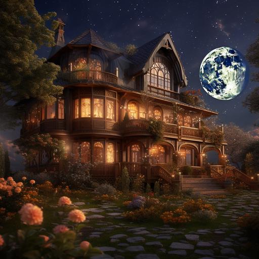 photograph of character of a beautiful country house on a very high hill, with broken glass windows, made of wood on a hill with glowing lights, a beautiful garden with rose bushes of all colors, and orange, peach and plum trees, golden and blue light hour, there is a huge full moon in the sky, dramatic and dark atmosphere, photorealistic, photography by Rebeca Saray, Eugenio Recuenco, Caravaggio, Rubens, very detailed, photography, camera grain, cinematography,