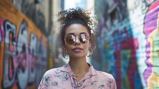 photograph of cute woman with mirrored sunglasses standing in alleyway in front of graffiti --ar 16:9 --v 6.0