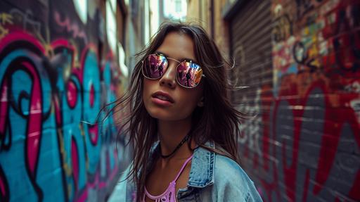 photograph of cute woman with mirrored sunglasses standing in alleyway in front of graffiti --ar 16:9 --v 6.0