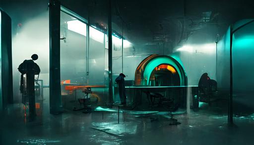 photograph of empty maintenance room with myst revealing the presence of an operator using a cloaking device::5, volumetric lighting :: in the style of the movie Blade Runner --vibe --uplight --ar 185:100 --test