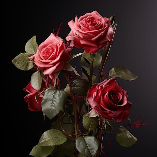 photograph of real roses with leafs and stems