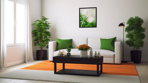 photograph with the camera angle center front of a modern living room, white textured couch with lime green pillows, standard size black coffee table with a green vase with orange flowers and one open magizine, coffee table is cententered on a white textured shage rug, standing lamp with an orange shade in the left corner and one beutiful green plant in a tall green planter of the right side of the couch, beautiful daytime lighting, No windows 