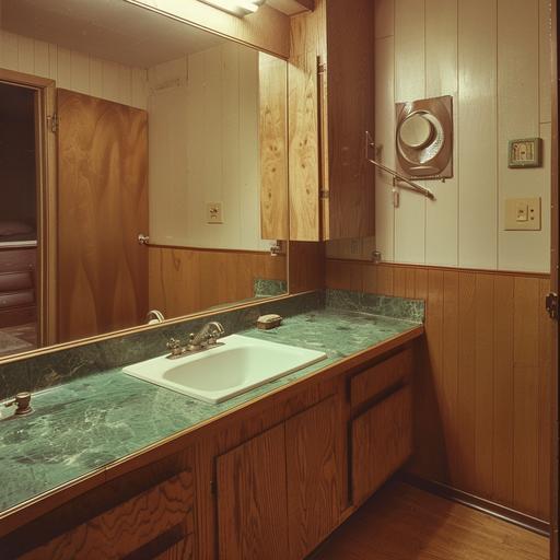 photograph. A 1970’s small quaint house bathroom. Green marble countertops. Brown wood floor. A small mirror above the sink is split into three vertical section. The walls are a very light beige.
