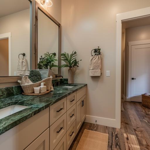photograph. Modern day farmhouse house bathroom. Small bathroom. Green marble countertops. Light Greige walls. Small mirror above the sink divided into three vertical sections. Brown wood floor.