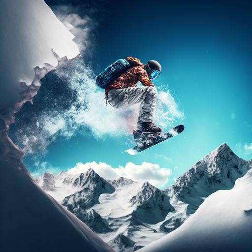 photographic snowboarder landscape blue sky steep mountain wild powder 8k hyper realistic v4