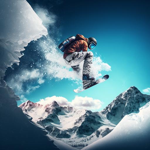photographic snowboarder landscape blue sky steep mountain wild powder 8k hyper realistic v4