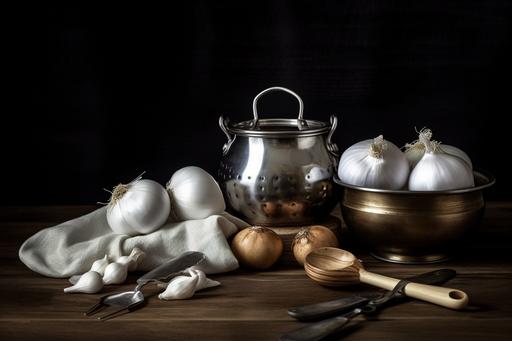 photographic still life, on a dark wooden table we see 4 aluminium kitchen containers, an aluminium ladle, a round stone ball, an old rope, an onion, a flap of white linen, ,realistic, photographic style, quality 2, 4k, --ar 3:2