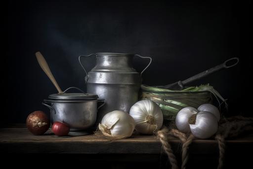 , photographic still life, on a dark wooden table we see 4 aluminium kitchen containers, an aluminium ladle, a round stone ball, an old rope, an onion, a flap of white linen, ,realistic, photographic style, quality 2, 4k, --ar 3:2