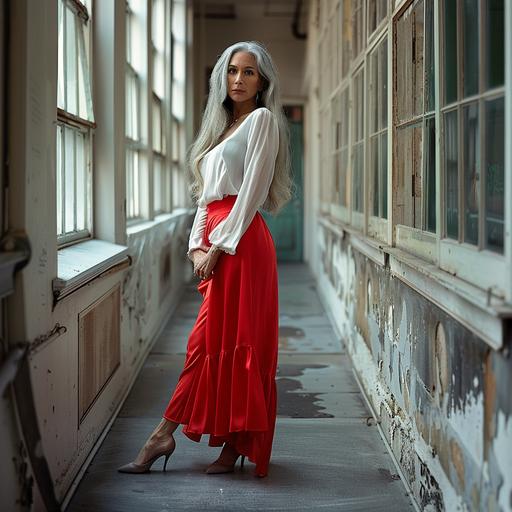 photograph,woman,Caucasian,long grey hair,red skirt,white silk blouse, heels,standing in corridor, feet apart, facing photographer, windows along one wall