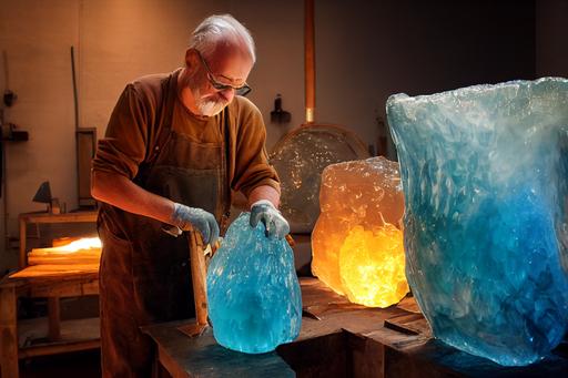 photography, a master glazier glassmaker in a glassmaking workshop making a glacier out of glass and glazes, hd, lots of reflections and refractions, glowing hot glass furnace, old guy in overalls glassblowing, realistic --chaos 0 --ar 16:9 --test --creative