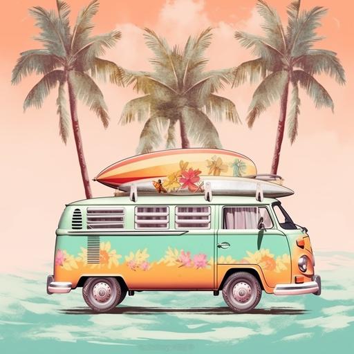 photography backdrop retro hippie combie van illustration with surfboards and palm trees, beach balls, soft pastel colors, high res