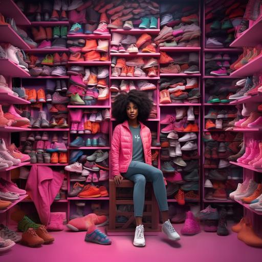 photography, front view of black woman with black wavy hair, she has on a grey sweat suit on. a big shelve stacked of shoes is behind her with neon structures. The room is different shades of pink. The word india is on the wall. She is happy. extremely detailed, CGI