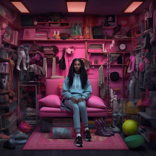 photography, front view of black woman with long black hair, she has on a grey sweat suit on. a shelve stacked of shoes is behind her with neon structures on one wall of her room. The room is different shades of pink. She is happy. extremely detailed, CGI