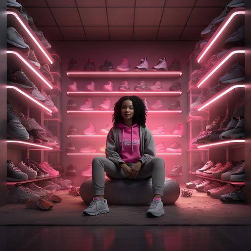 photography, front view of black woman with long black hair, she has on a grey sweat suit on. a big shelve stacked of shoes is behind her with neon structures on one wall. The room is different shades of pink. The sun shining through the room. She is happy. extremely detailed, CGI