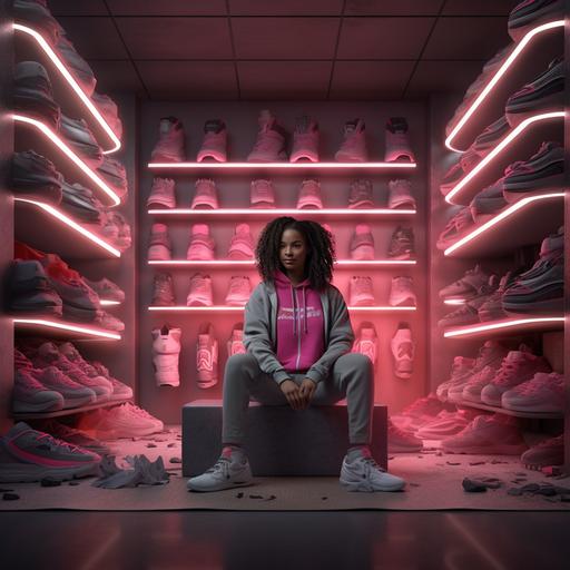 photography, front view of black woman with long black hair, she has on a grey sweat suit on. a big shelve stacked of shoes is behind her with neon structures on one wall. The room is different shades of pink. The sun shining through the room. She is happy. extremely detailed, CGI
