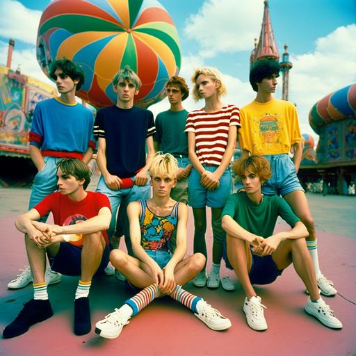 photography group of 7 boys and girls at an amusement park, colorful cloths, 90s mood, 90s photography, full body height portrait with feet, kodak ektachrome :: --v 4 --s 750 --q 2
