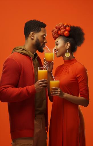 photography of Happy African American Couple facing each other, dressed in red while sipping orange juice from a glass --ar 9:14