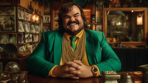 photography of Jack Black smilling with a green suit and golden chains on his neck, on a restaurant counter --ar 16:9 --v 5.1