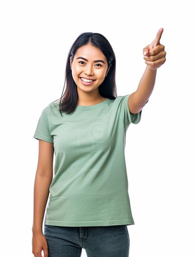 photography of a [confident] [asian] [women] in [age of 24] with [pointing up], dressed in a [light teal t-shirt, tattoos], isolated on a [white] background, portrait stock style image, photo-realistic, high resolution, clear and crisp --ar 300:400 --s 45 --v 5.1 --style raw