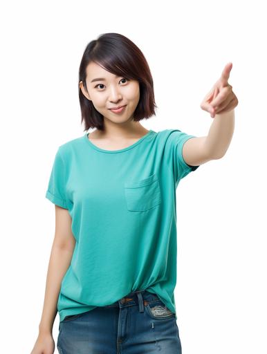 photography of a [confident] [asian] [women] in [age of 24] with [brown hair] [pointing up], dressed in a [light teal t-shirt, tattoos], isolated on a [white] background, portrait stock style image, photo-realistic, high resolution, clear and crisp --ar 300:400 --s 45 --v 5.1 --style raw