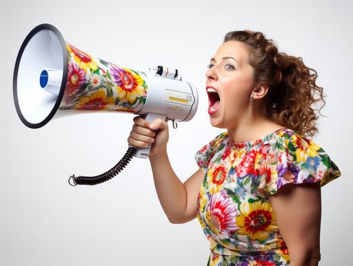 photography of a [confident] [white] [woman] in [age of 25] with [fat woman shouting into a megaphone], dressed in a [hippie flower shirt], isolated on a [white] background, portrait stock style image, photo-realistic, high resolution, clear and crisp --ar 12:9 --s 45 --v 5.2 --style raw