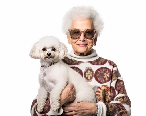photography of a [confident] [white] [women] in [age of 74] with [her poodle], dressed in a [flowered t-shirt], isolated on a [white] background, portrait stock style image, photo-realistic, high resolution, clear and crisp --ar 380:300 --s 45 --v 5.1 --style raw