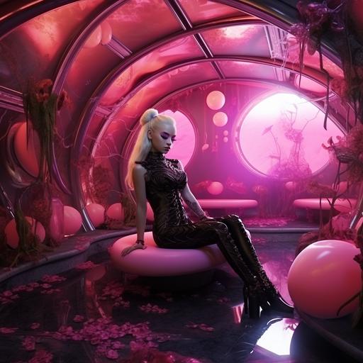 photography of a gothic blonde shamanic diva in pink futuristic alien bedroom, 4k, v-- 6