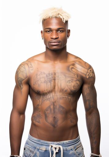 photography of a [happy] [african] [man] in [age of 25] with [blonde hair] [half robot], dressed in a [ripped T-shirt Muscle Shirt, tattoos], isolated on a [white] background, portrait stock style image, photo-realistic, high resolution, clear and crisp --ar 9:13 --s 45 --v 5.2 --style raw
