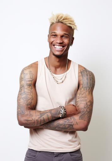 photography of a [happy] [african] [man] in [age of 25] with [blonde hair] [half robot], dressed in a [ripped T-shirt Muscle Shirt, tattoos], isolated on a [white] background, portrait stock style image, photo-realistic, high resolution, clear and crisp --ar 9:13 --s 45 --v 5.2 --style raw