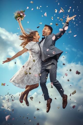 photography of a happy couple jumping , wedding day, confetti, hearts flying around, vfx, cheesy scene --ar 2:3 --s 50