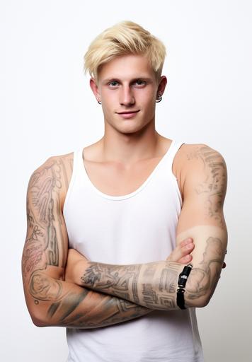 photography of a [happy] [white] [man] in [age of 25] with [blonde hair] [half robot], dressed in a [ripped T-shirt Muscle Shirt, tattoos], isolated on a [white] background, portrait stock style image, photo-realistic, high resolution, clear and crisp --ar 9:13 --s 45 --v 5.2 --style raw
