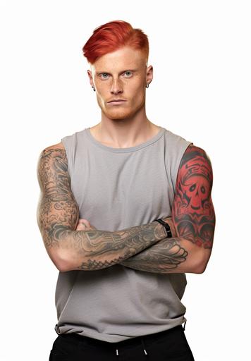 photography of a [happy] [white] [man] in [age of 25] with [red hair] [half robot], dressed in a [ripped T-shirt Muscle Shirt, tattoos, tattoos], isolated on a [white] background, portrait stock style image, photo-realistic, high resolution, clear and crisp --ar 9:13 --s 45 --v 5.2 --style raw