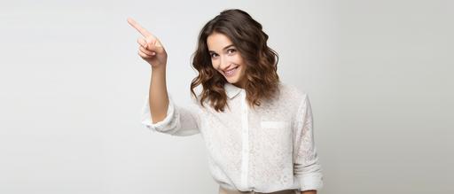 photography of a [happy] [white] [woman] in [age of 19] with [brown hair][pointing finger outstretched arm to the side], dressed in a [wearing dress], isolated on the left side on a [light gray] background, portrait stock style image, photo-realistic, high resolution, clear and crisp --ar 21:9 --s 45 --v 5.2 --style raw